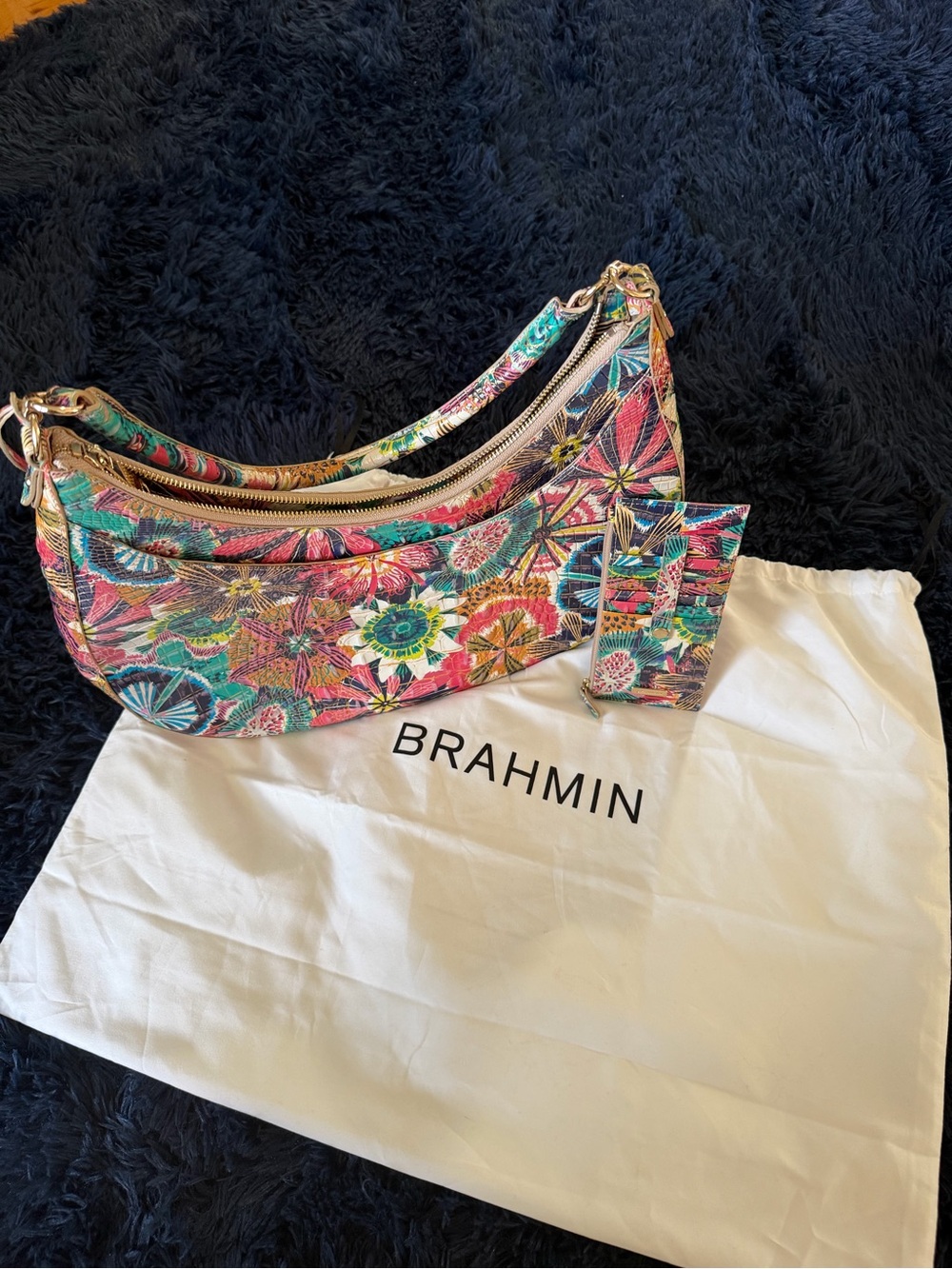 Brahmin Melbourne Pink Green Multicolor Floral Leather Shoulder Bag & WALLET!